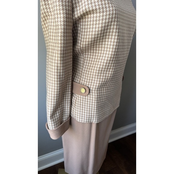 Tan Houndstooth Skirt Suit Women 12 2 Pc Peter Pan Collar William Pearson - Picture 3 of 8